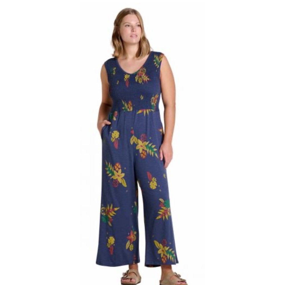 Toad&Co Womens Navy Blue Tropical Floral Smocked Wide Leg Jumpsuit Large Pockets